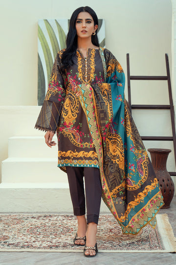 Unstitched 3 Piece Lawn Printed Shirt, Lawn Printed Dupatta, Cotton Dyed Trouser - Diners
