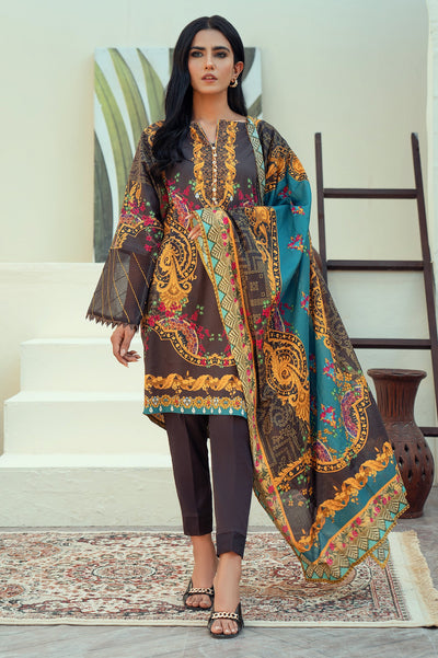 Unstitched 3 Piece Lawn Printed Shirt, Lawn Printed Dupatta, Cotton Dyed Trouser - Diners