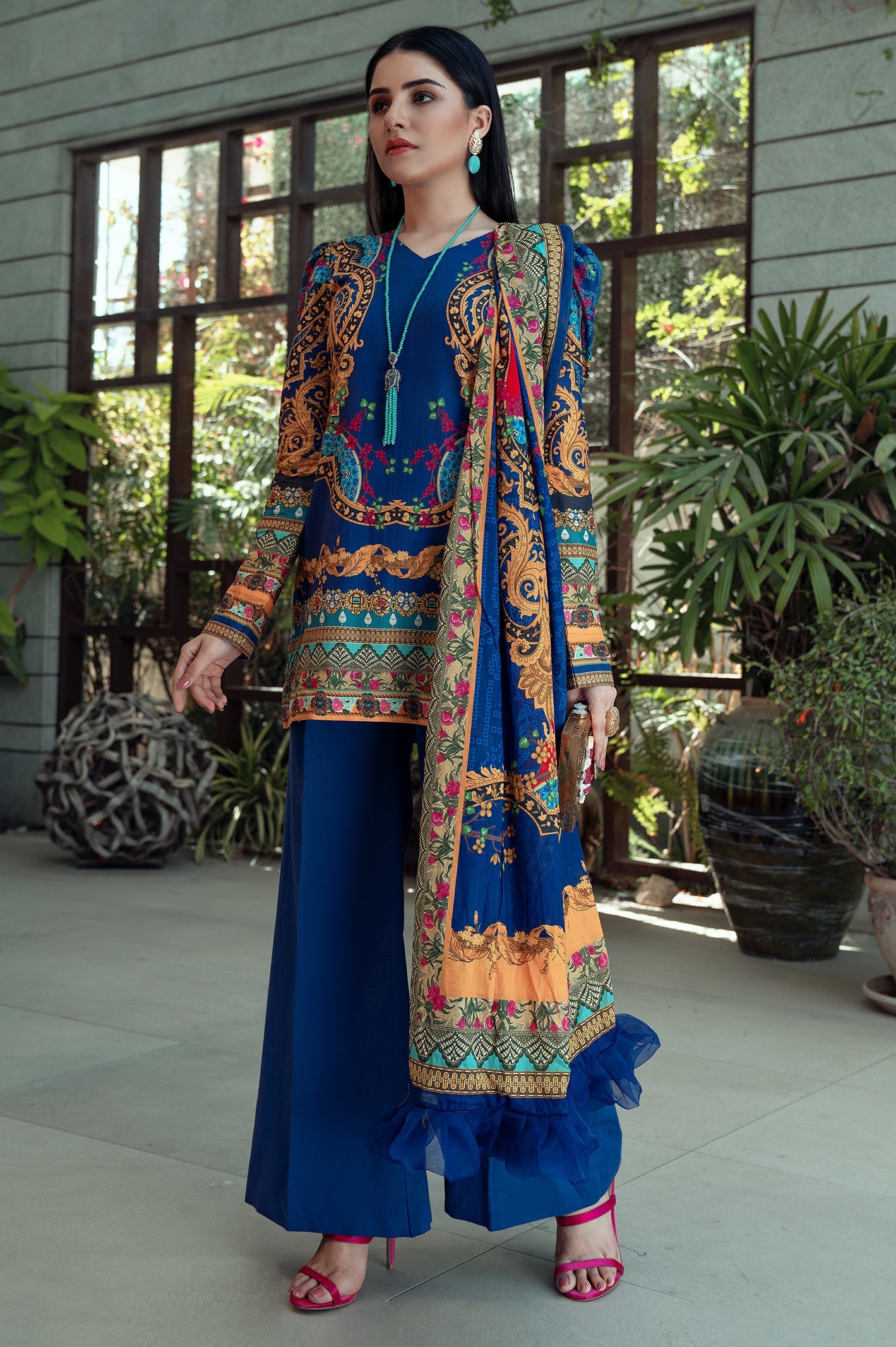 Unstitched 3 Piece Lawn Printed Shirt, Lawn Printed Dupatta, Cotton Dyed Trouser - Diners