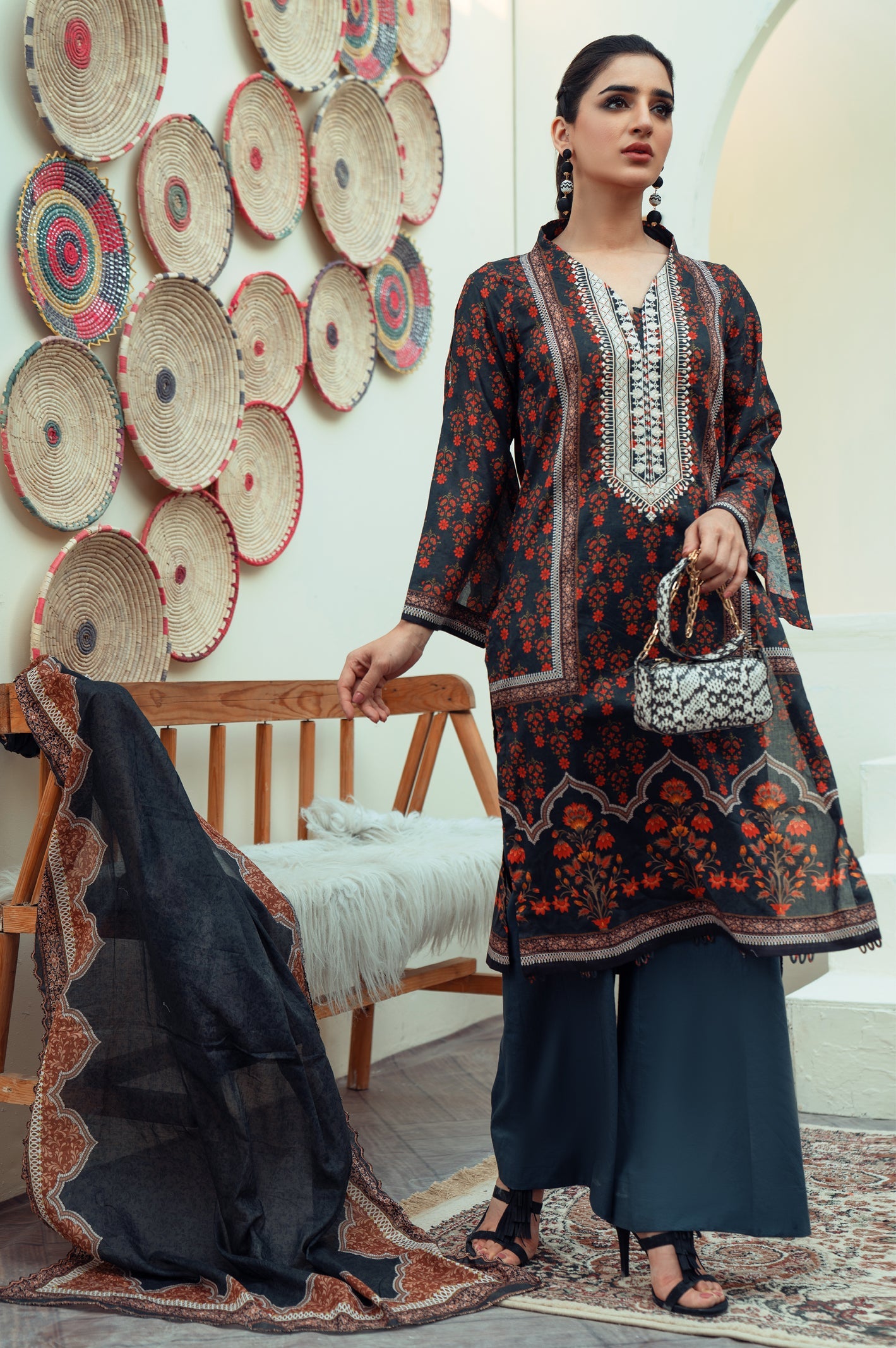 Unstitched 3 Piece Lawn Printed Shirt Emb , Lawn Printed Dupatta & Cotton Dyed Trouser - Diners