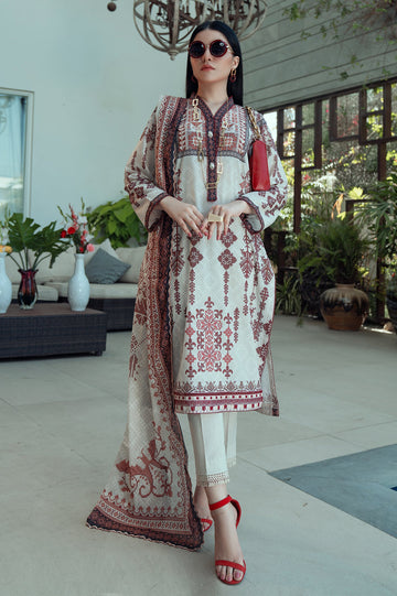 Unstitched 3 Piece Lawn Printed Shirt, Lawn Printed Dupatta, Cotton Dyed Trouser - Diners