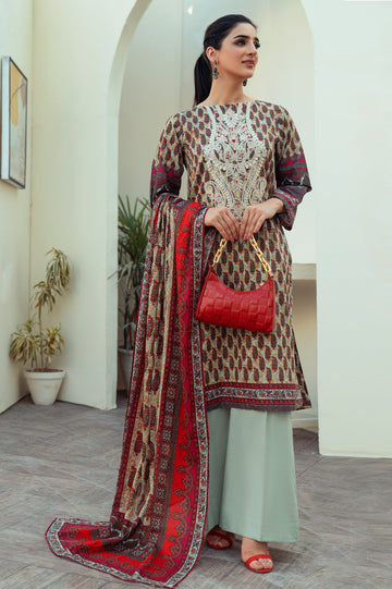 Unstitched 3 Piece Lawn Printed Shirt, Lawn Printed Dupatta, Cotton Dyed Trouser - Diners