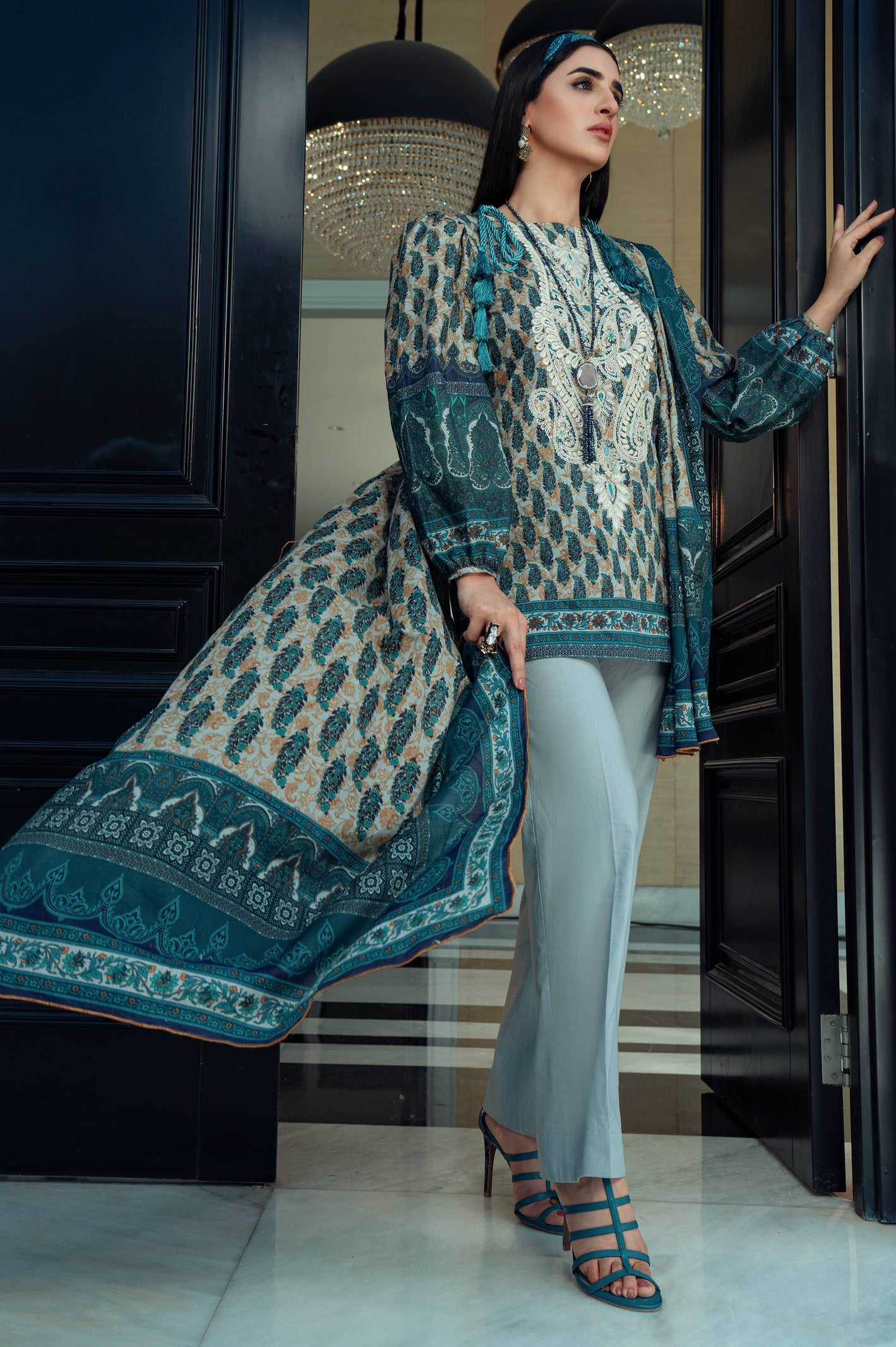 Unstitched 3 Piece Lawn Printed Shirt, Lawn Printed Dupatta, Cotton Dyed Trouser - Diners