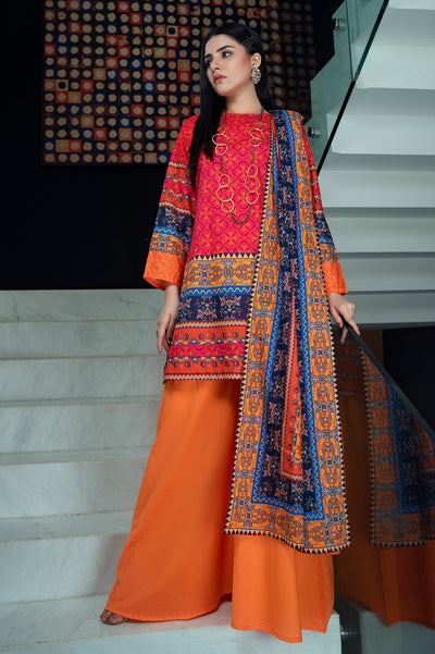 Unstitched 3 Piece Lawn Printed Shirt, Lawn Printed Dupatta, Cotton Dyed Trouser - Diners