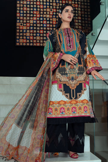 Unstitched 3 Piece Lawn Printed Shirt, Chiffon Zari Printed Dupatta & Cotton Dyed Trouser - Diners