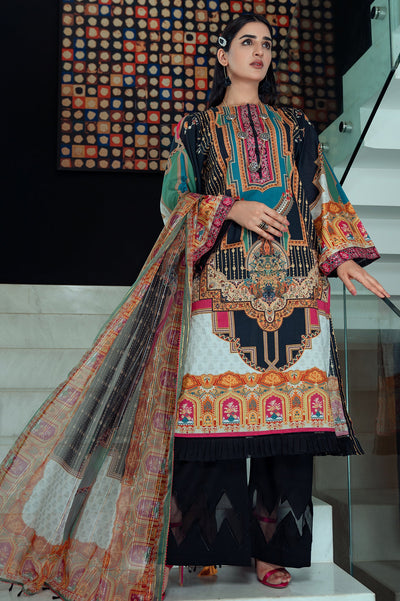 Unstitched 3 Piece Lawn Printed Shirt, Chiffon Zari Printed Dupatta & Cotton Dyed Trouser - Diners