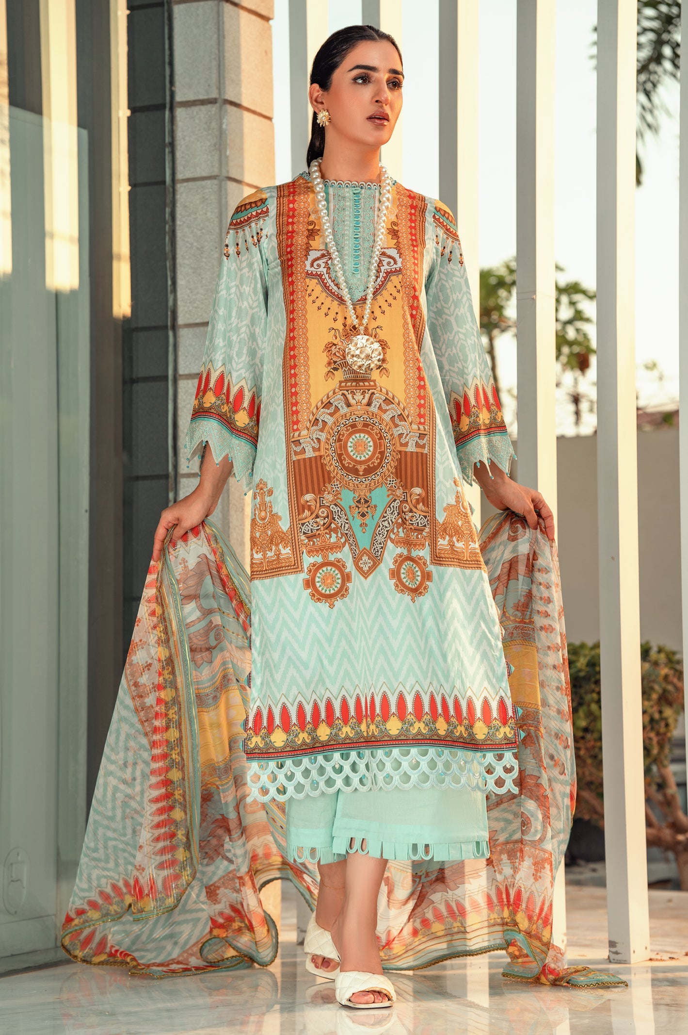 Unstitched 3 Piece Lawn Printed Shirt , Chiffon Zari Printed Dupatta & Cotton Printed Trouser - Diners