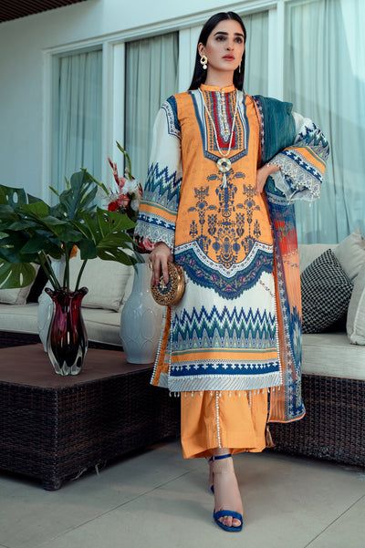 Unstitched 3 Piece Lawn Printed Shirt, Chiffon Zari Printed Dupatta, Cotton Dyed Trouser - Diners