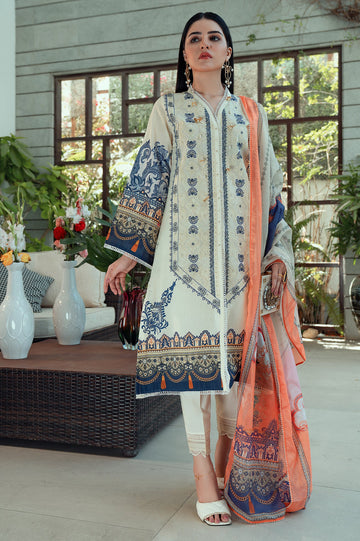 Unstitched 3 Piece Printed Shirt, Silk Printed Dupatta, Cotton Dyed Trouser