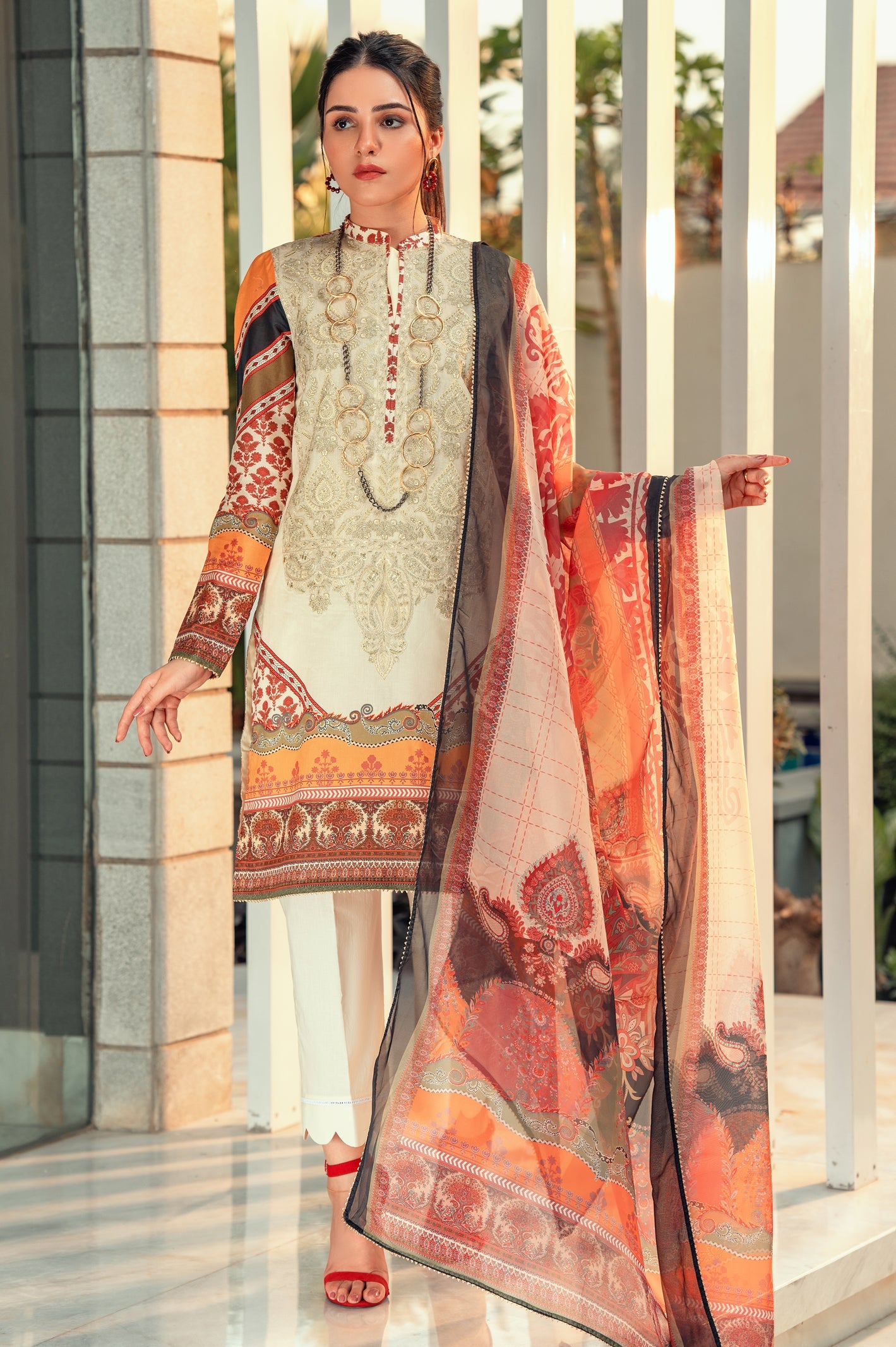 Unstitched 3 Piece Lawn Printed Shirt Emb , Silk Printed Dupatta & Cotton Dyed Trouser - Diners