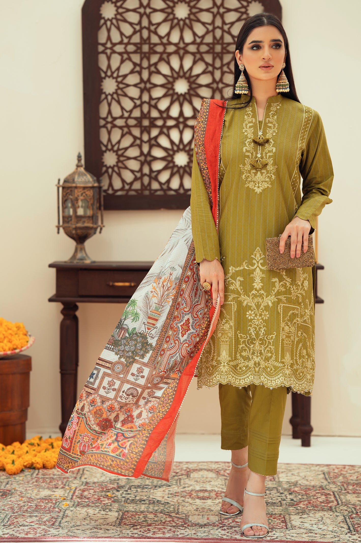 Unstitched 3 Piece Jacquard Emb Shirt , T-Check Printed Dupatta & Cotton Dyed Trouser - Diners