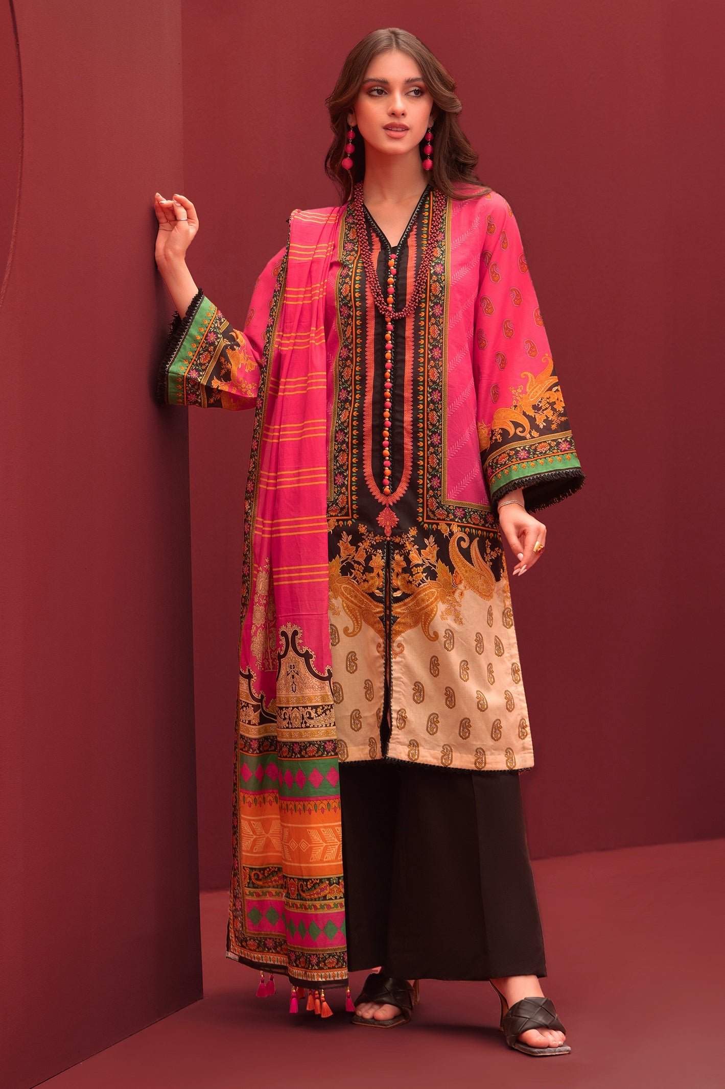 Unstitched 3 Piece Lawn Printed Shirt , Lawn Printed Dupatta & Cotton Dyed Trouser - Diners