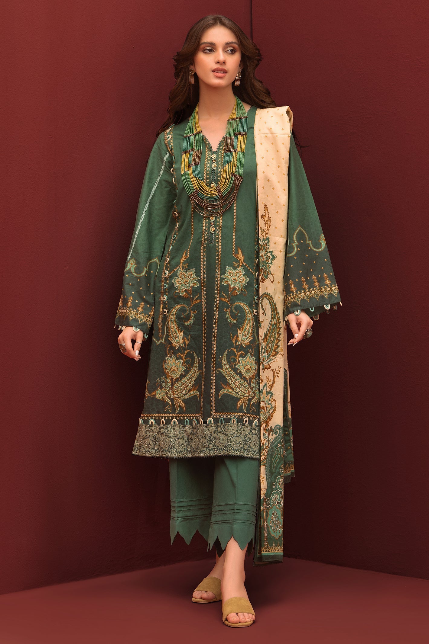 Unstitched 3 Piece Lawn Printed Shirt, Lawn Printed Dupatta & Cotton Dyed Trouser - Diners