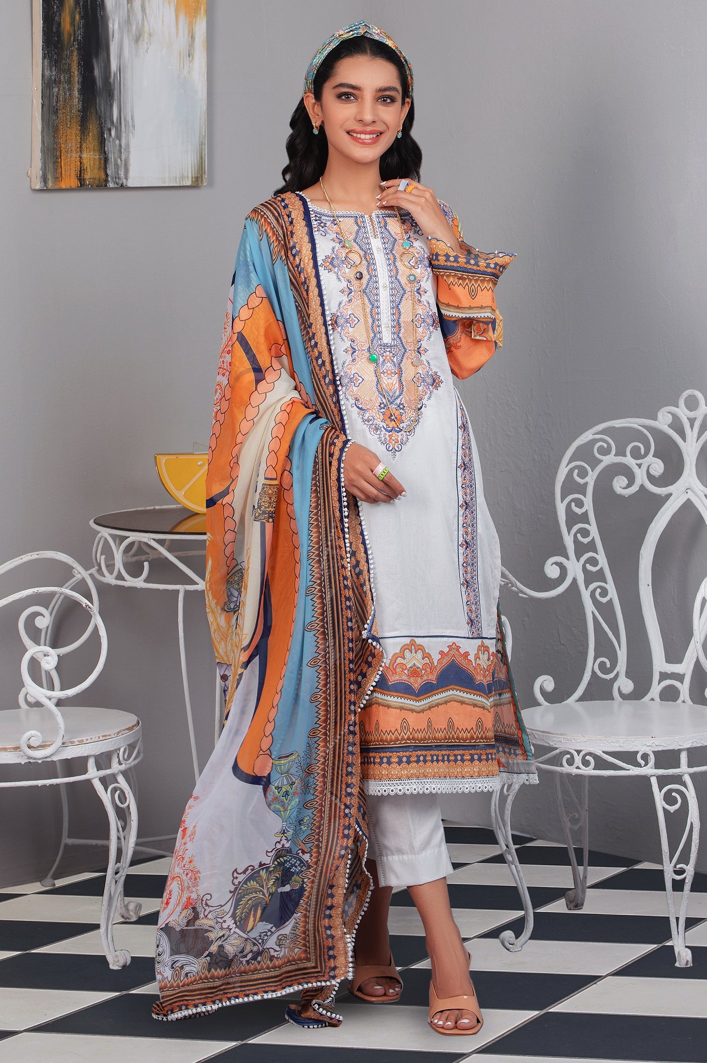 Unstitched 3 Piece Lawn Printed Shirt, Silk Printed Dupatta & Cotton Dyed Trouser - Diners