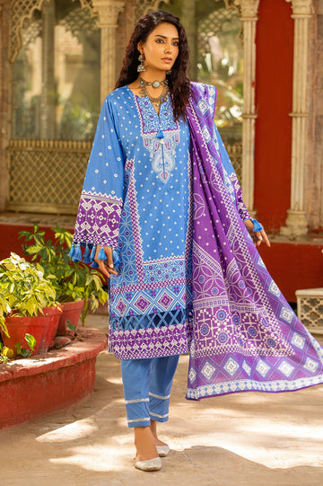 Unstitched 3 Piece Chunri Lawn Printed Shirt, Lawn Printed Dupatta, Cotton Dyed Trouser - Diners