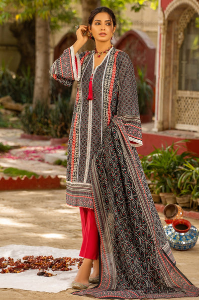 Unstitched 3 Piece Chunri Lawn Printed Shirt, Lawn Printed Dupatta, Cotton Dyed Trouser - Diners