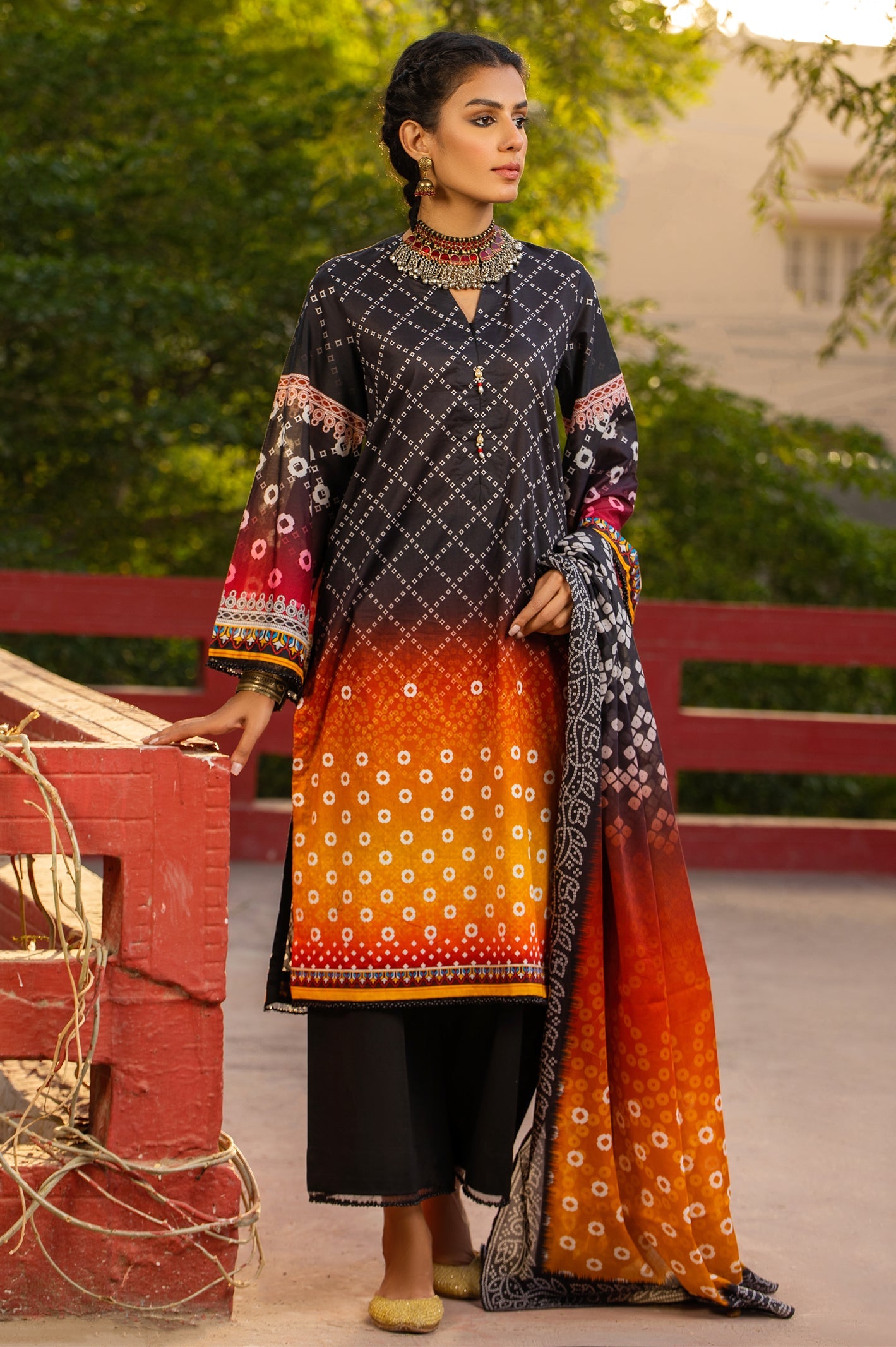 Unstitched 3 Piece Chunri Lawn Printed Shirt, Lawn Printed Dupatta, Cotton Dyed Trouser - Diners
