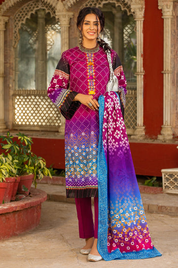 Unstitched 3 Piece Chunri Lawn Printed Shirt, Lawn Printed Dupatta, Cotton Dyed Trouser - Diners