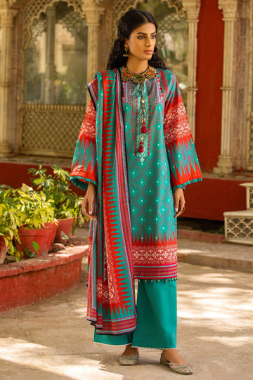 Unstitched 3 Piece Chunri Lawn Printed Shirt, Lawn Printed Dupatta, Cotton Dyed Trouser - Diners
