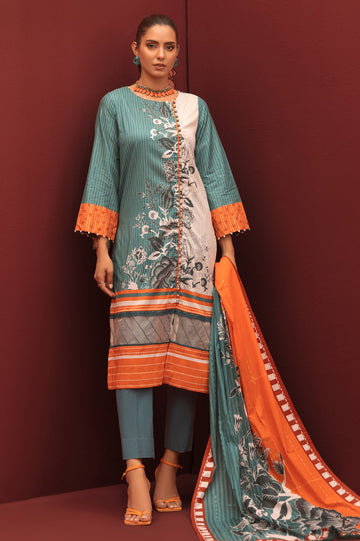 Unstitched 3 Piece Lawn Printed Shirt, Lawn Printed Dupatta & Cotton Dyed Trouser - Diners