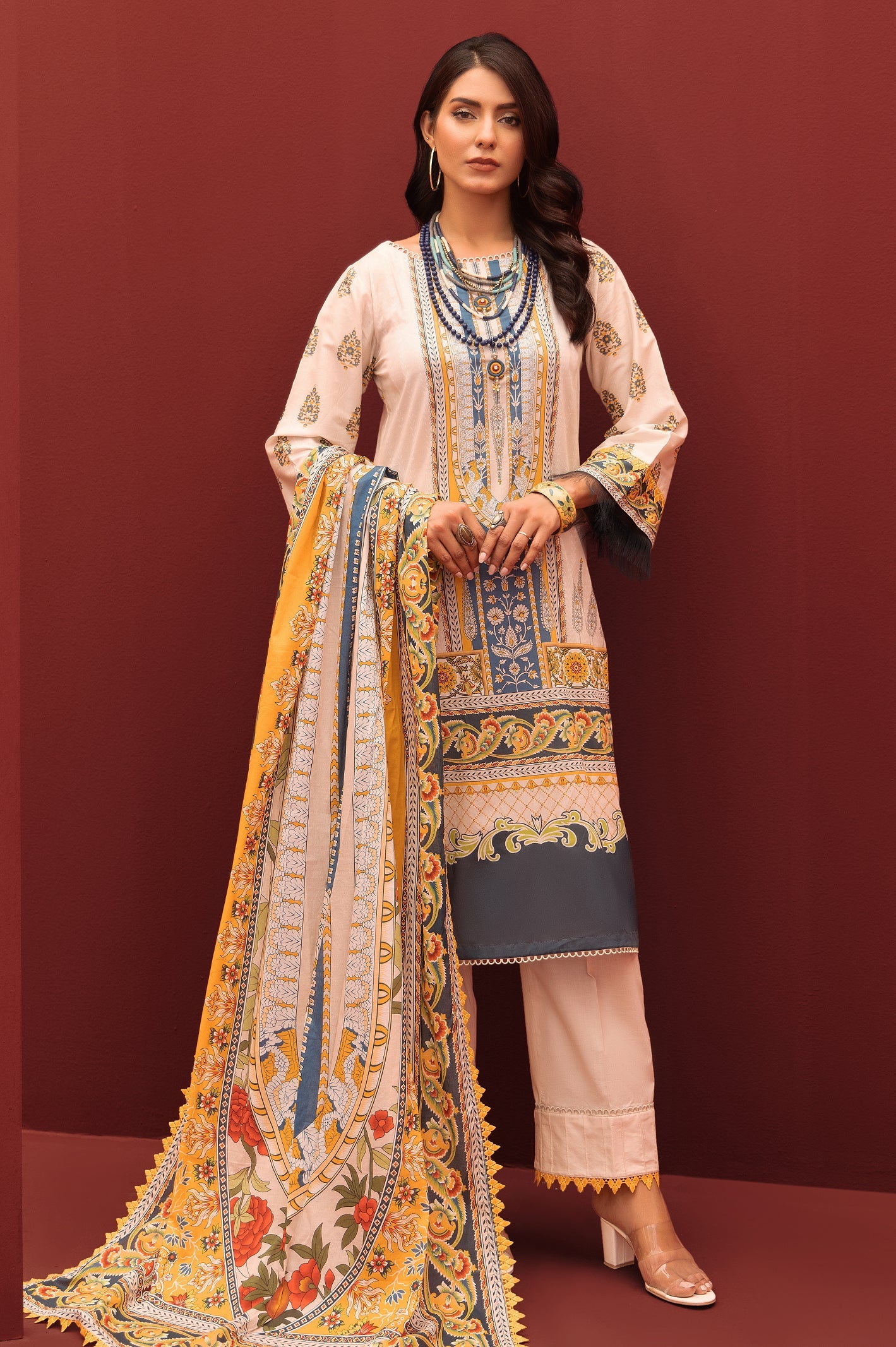 Unstitched 3 Piece Lawn Printed Shirt , Lawn Printed Dupatta & Cotton Printed Trouser - Diners