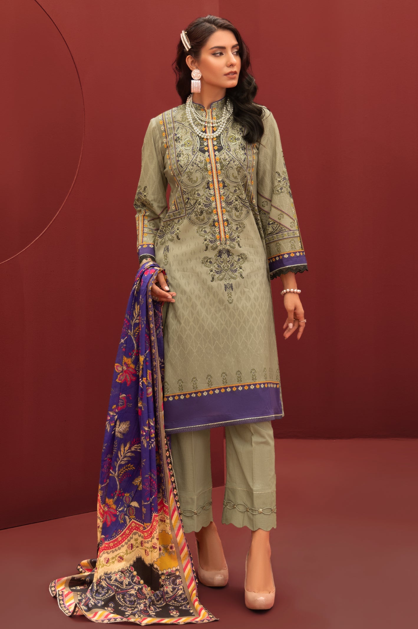 Unstitched 3 Piece Lawn Printed Shirt, Lawn Printed Dupatta & Cotton Dyed Trouser - Diners