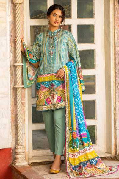 Unstitched 3 Piece Chunri Lawn Printed Shirt, Lawn Printed Dupatta, Cotton Dyed Trouser - Diners