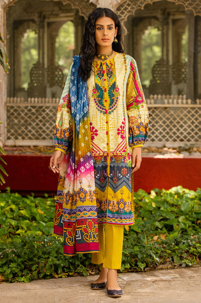 Unstitched 3 Piece Chunri Lawn Printed Shirt, Lawn Printed Dupatta, Cotton Dyed Trouser - Diners