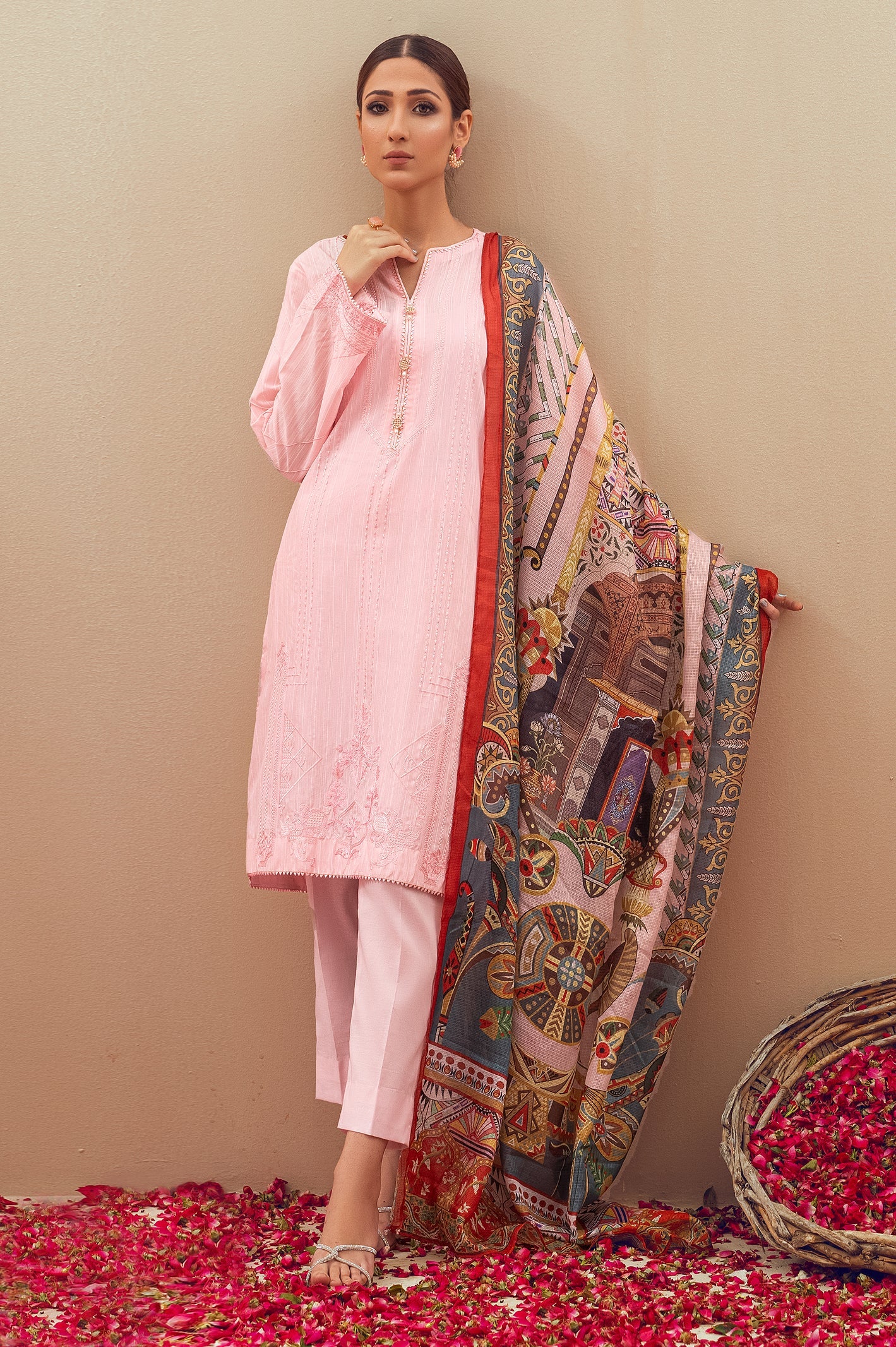 Unstitched 3 Pieces Emb Woven Strip Shirt, Digital Printed Dupatta & Cotton Dyed Trouser - Diners