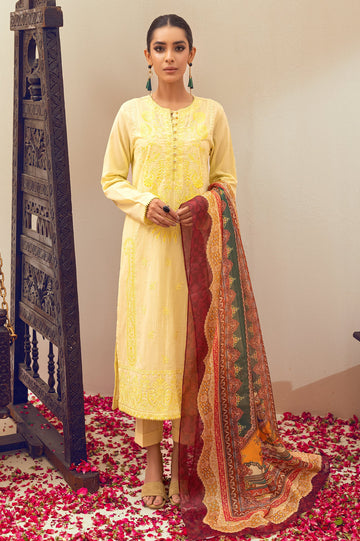 Unstitched 3 Piece Emb Woven Shirt, Dobby Printed Dupatta & Cotton Dyed Trouser - Diners