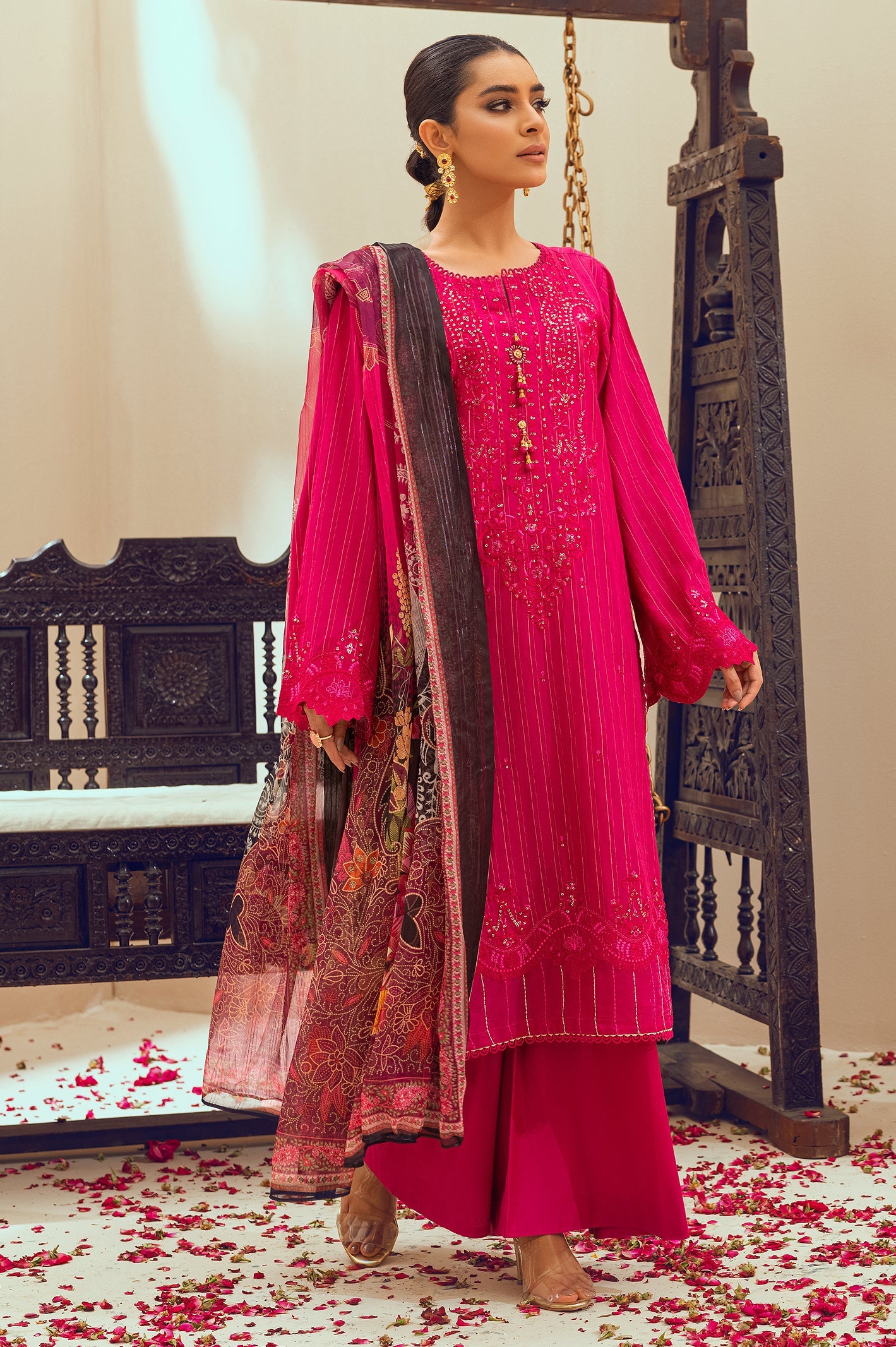 Unstitched 3 Piece Emb Woven Zari Shirt, Silk Printed Dupatta & Cotton Dyed Trouser - Diners