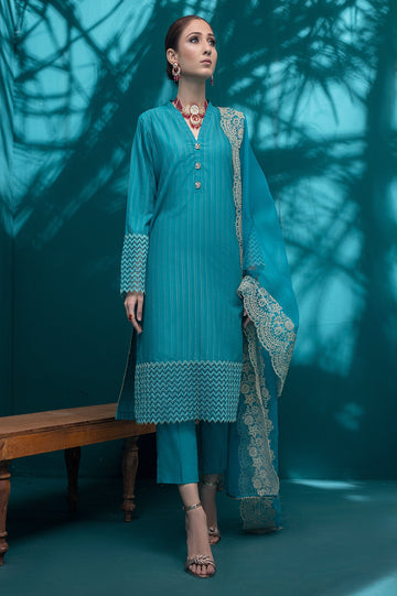 Unstitched 3 Pieces Woven Zari Strip Shirt, Organza Emb Dupatta & Cotton Dyed Trouser - Diners