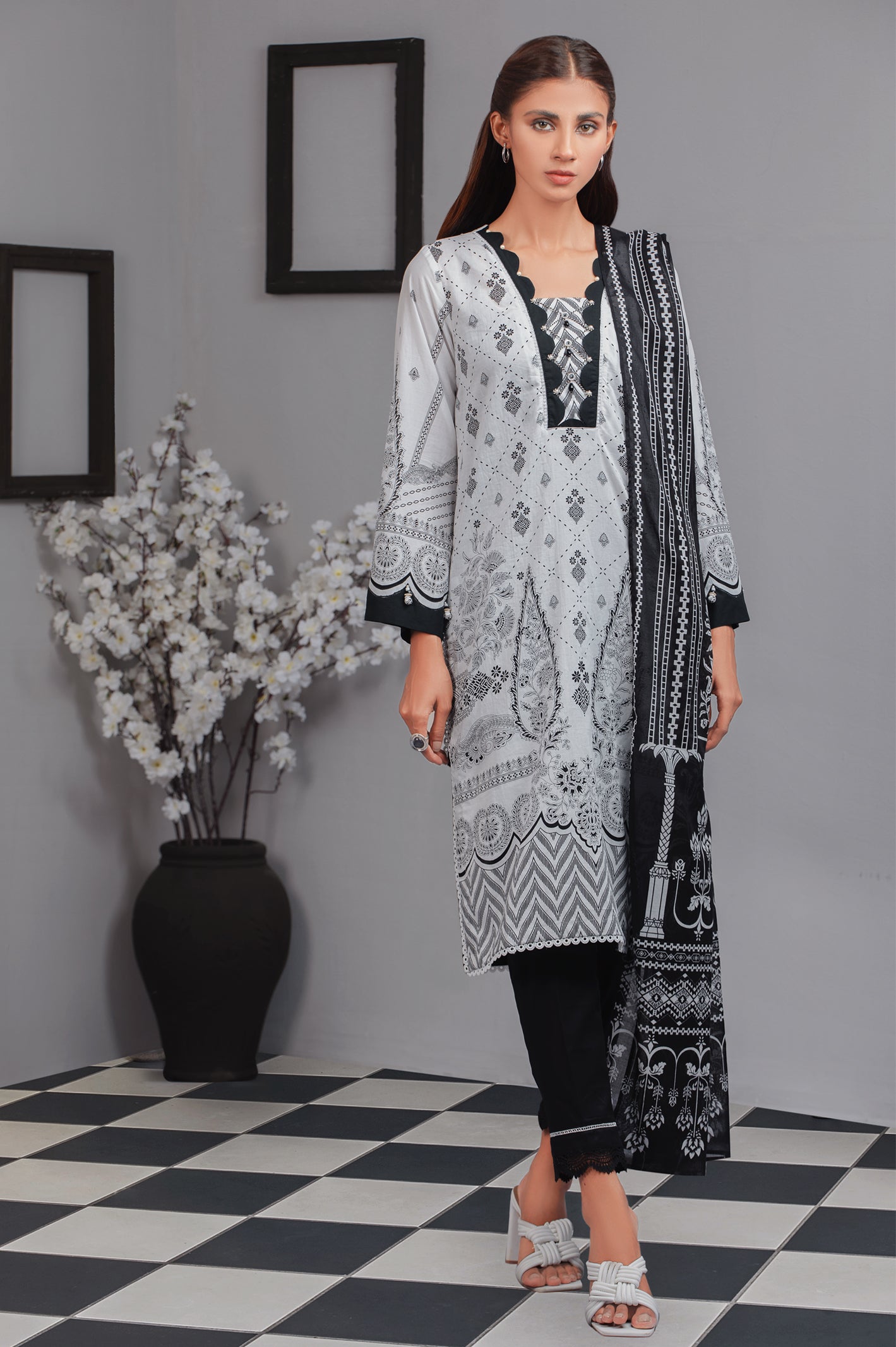 Unstitched 3 Piece Cambric Printed Shirt , Cambric Printed Dupatta & Cambric Dyed Trouser - Diners