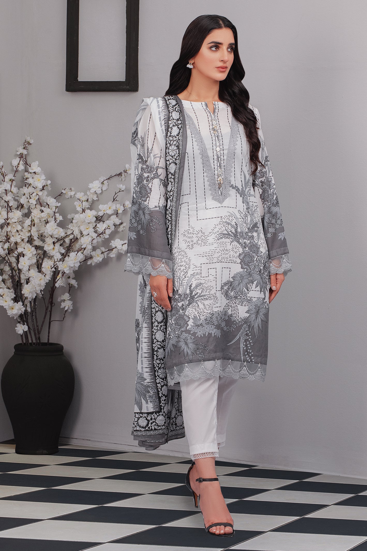 Unstitched 3 Piece Cambric Printed Shirt , Cambric Printed Dupatta & Cambric Dyed Trouser - Diners