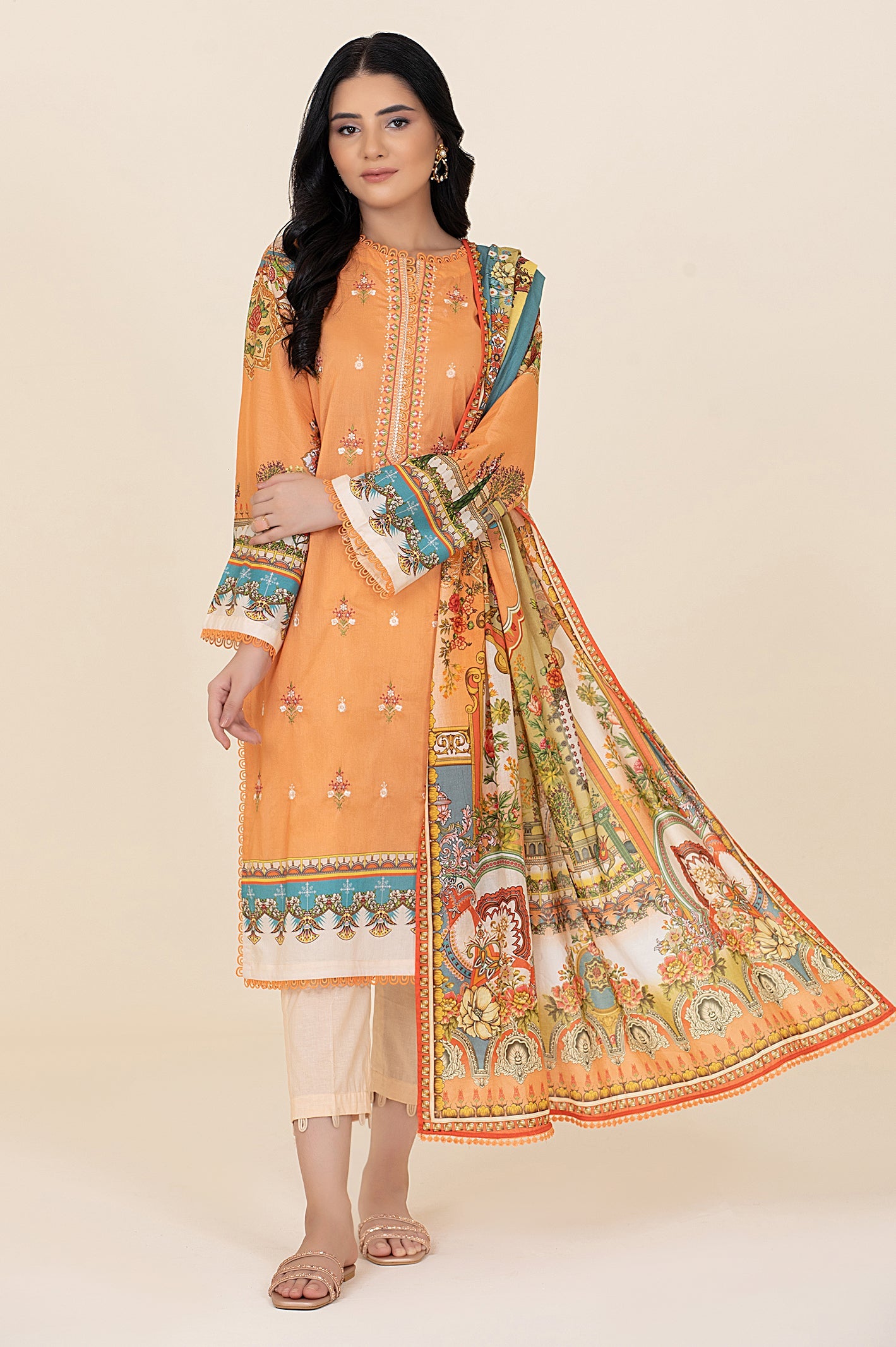 Unstitched 3 Piece Lawn Printed Emb Shirt, Lawn Printed Dupatta & Cotton Dyed Trouser - Diners