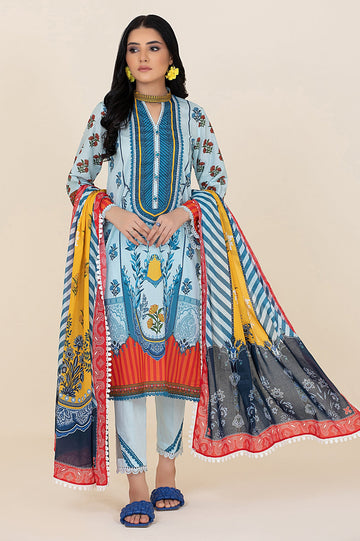 Unstitched 3 Piece Lawn Printed Shirt, Lawn Printed Dupatta & Cotton Dyed Trouser - Diners