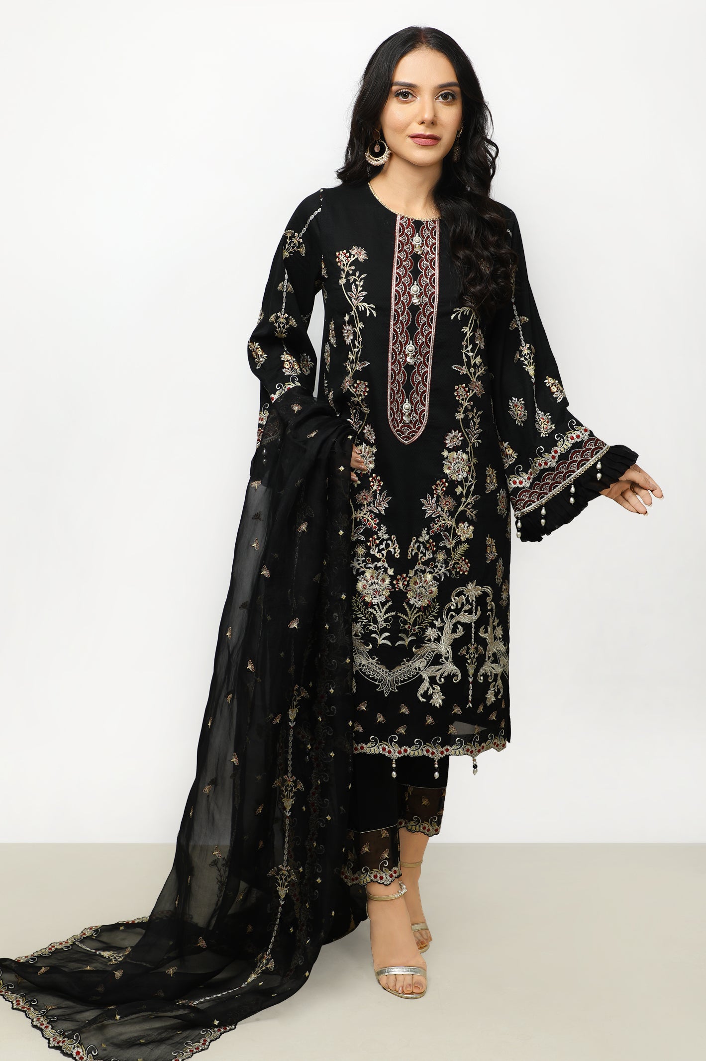 Unstitched 3 Pieces Emb Self Jacquard Shirt, Emb Organza Dupatta & Dyed Cotton Trouser - Diners