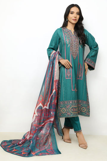 Unstitched 3 Pcs Emb Jacquard Shirt, Digital Printed Zari Dupatta, Cotton Dyed Trouser - Diners