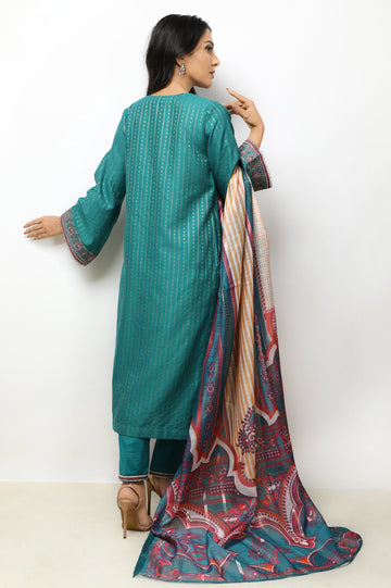 Unstitched 3 Pcs Emb Jacquard Shirt, Digital Printed Zari Dupatta, Cotton Dyed Trouser - Diners