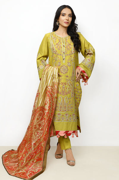 Unstitched 3 Pieces Emb Strip Jacquard Shirt, Digital Printed Zari Dupatta & Dyed Cotton Trouser - Diners