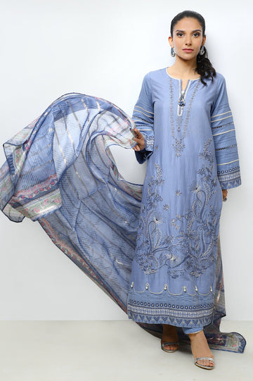Unstitched 3 Pieces Emb Self Jacquard Shirt, Digital Printed Zari Dupatta & Dyed Cotton Trouser - Diners