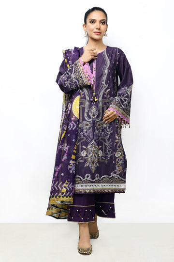 Unstitched 3 Pieces Emb Strip Jacquard Shirt, Digital Printed Silk Dupatta & Dyed Cotton Trouser - Diners