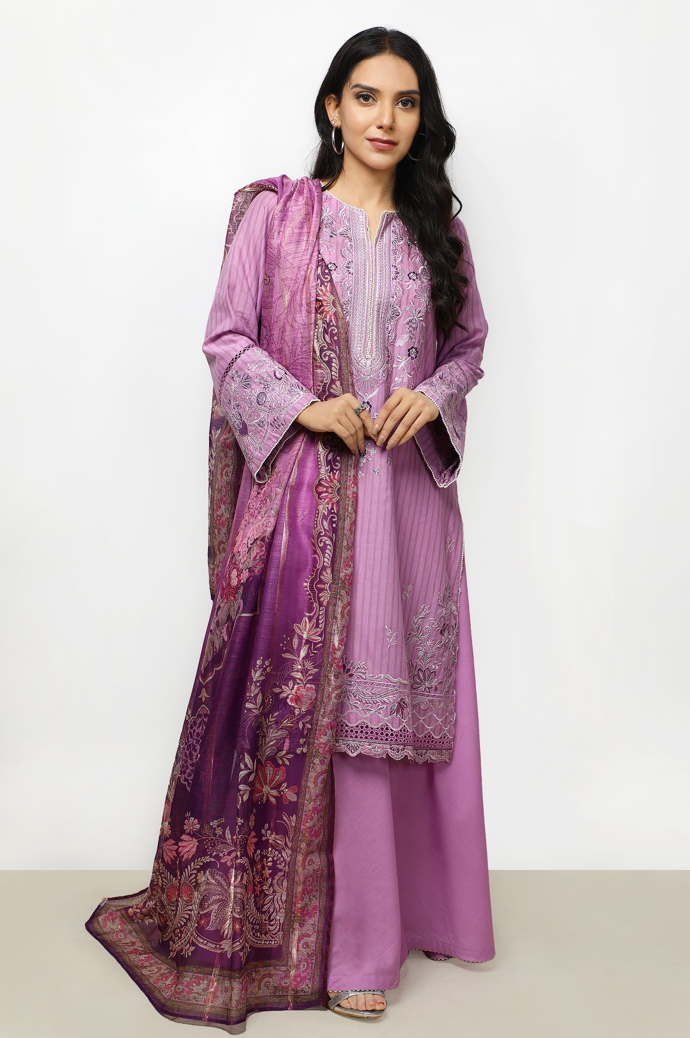 Unstitched 3 Pieces Emb Strip Jacquard Shirt, Digital Printed Zari Dupatta & Dyed Cotton Trouser - Diners