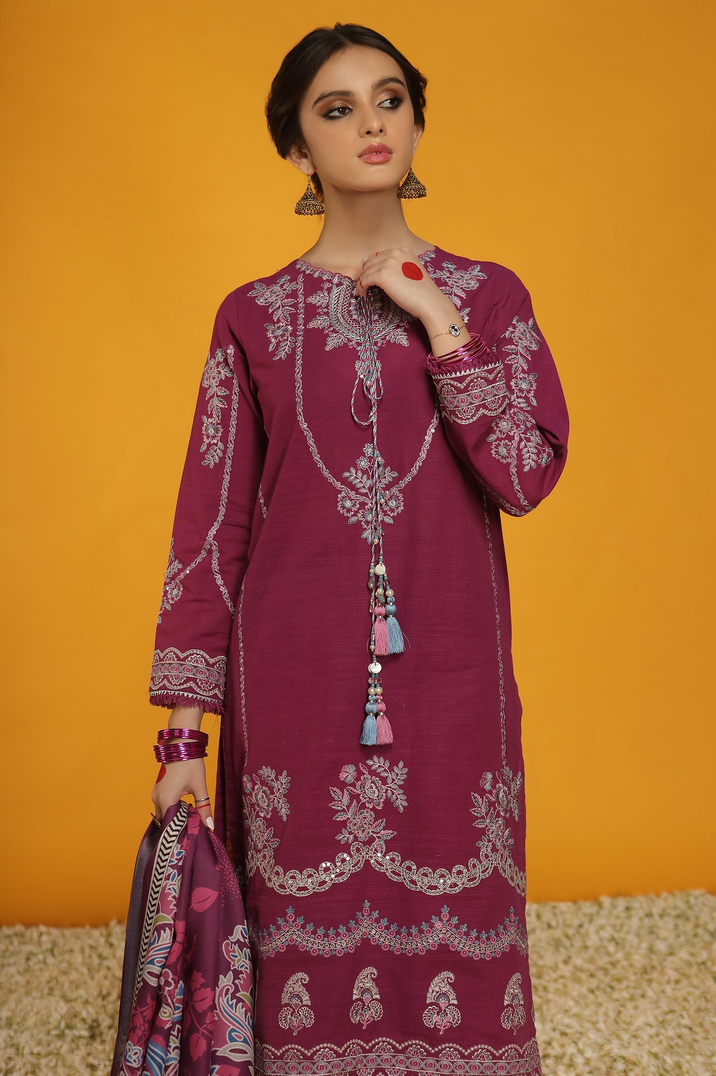 Unstitched 3 Pcs Khaddar Front Emb Shirt, Printed Shawl, Khaddar Dyed Trouser - Diners