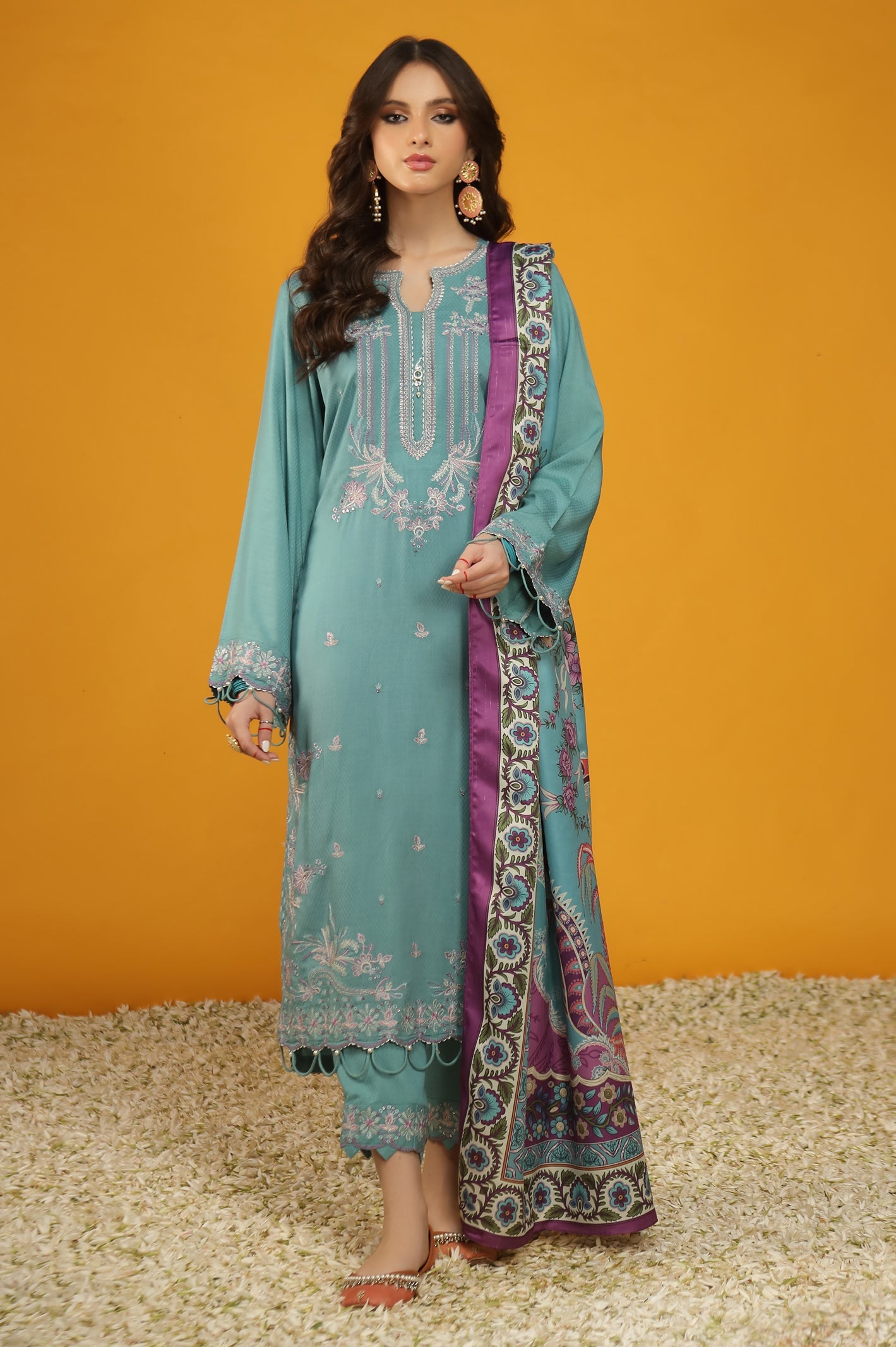 Unstitched 3 Pcs Dobby Emb Shirt, Printed Dupatta, Viscose Dobby Trouser - Diners