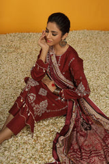 Unstitched 3 Pcs Viscose Dobby Emb Zari Shirt, Printed Shawl, Viscose Dobby Trouser - Diners