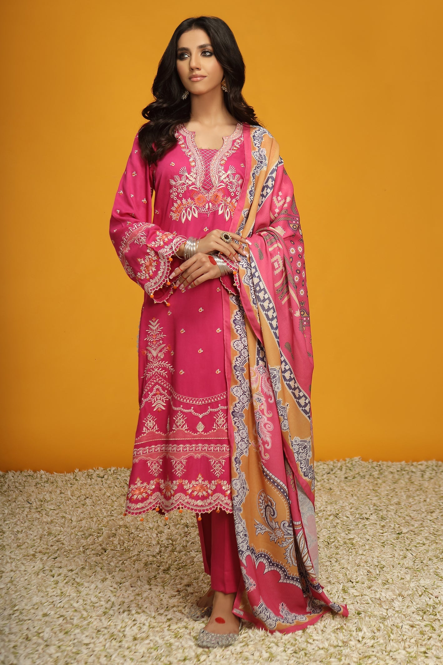 Unstitched 3 Pcs Viscose Cottel Emb Shirt, Printed Shawl, Dyed Viscose Trouser - Diners