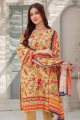 Unstitched 3 Pcs Printed Karandi Shirt, Printed Karandi Dupatta, Dyed Karandi Trouser - Diners