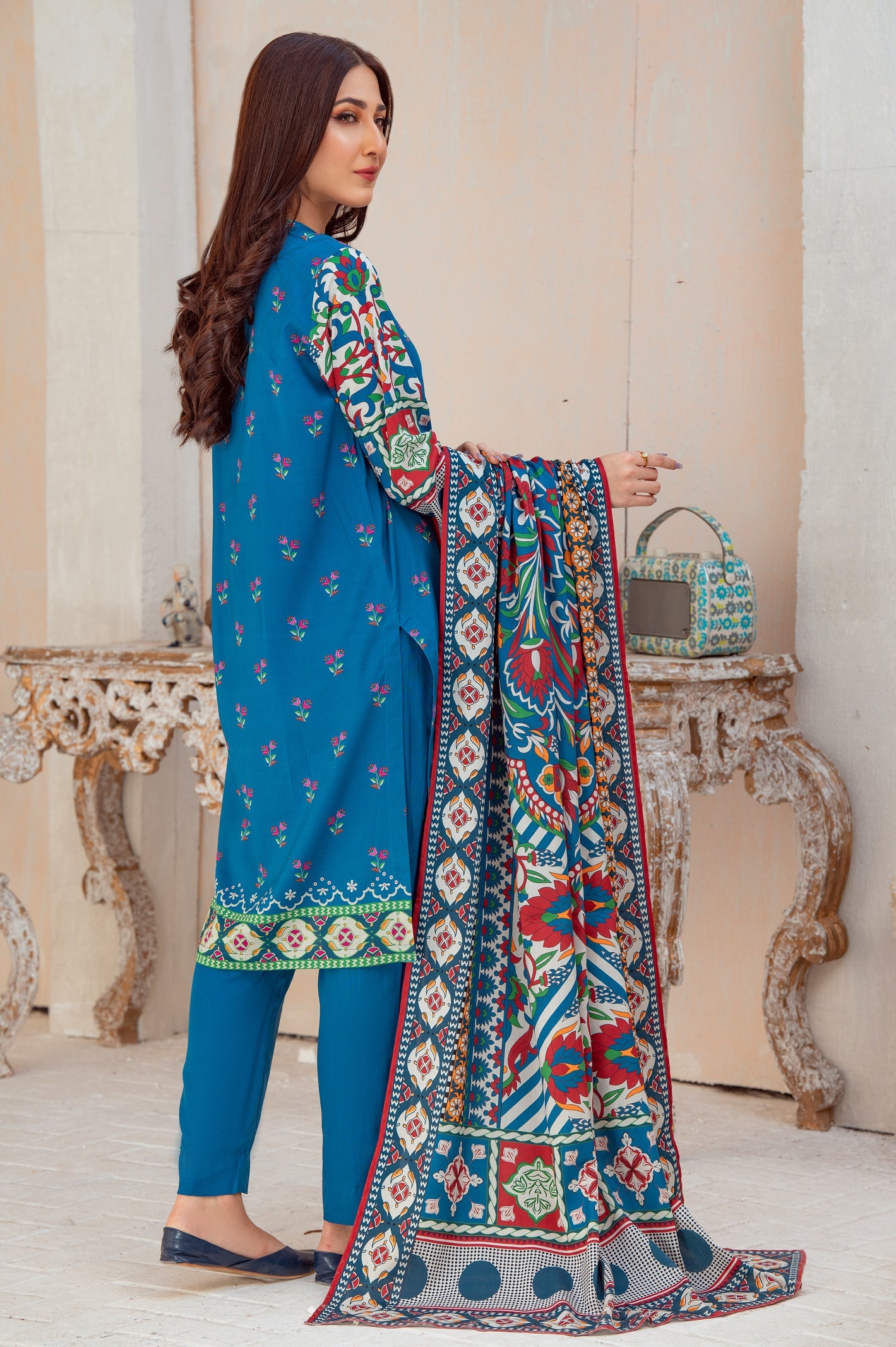 Unstitched 3 Pcs Printed Viscose Shirt, Printed Viscose Dupatta, Dyed Viscose Trouser - Diners