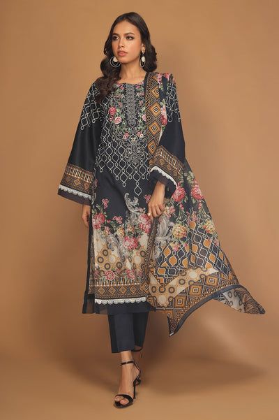 Unstitched 3 Pcs Emb Lawn Printed Shirt, Printed Dupatta, Dyed Trouser - Diners